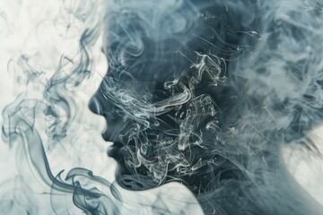 A close-up of a person's profile merged with the texture of swirling smoke in a double exposure
