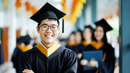 Joyful Asian guy, graduate, standing on the university campus. Graduation, graduation from school, university