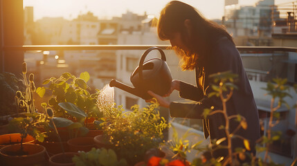 Desfrutando da luz do sol mulher cuida de plantas em varanda com vista da cidade ao fundo - obrazy, fototapety, plakaty