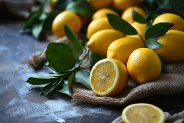 A bunch of lemons with green leaves on a gray table