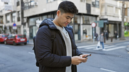 Young asian man using smartphone on city street with blurred urban background