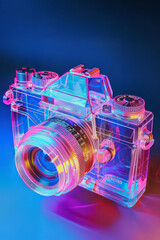 Neon Glow: Transparent Analog Camera in Isometric View