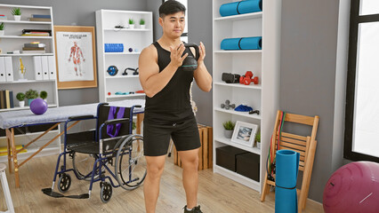 Young asian man exercises with kettlebell in clinic rehab room, portraying fitness and physical therapy.