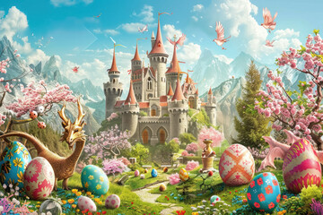  Enchanted Springtime Kingdom with Majestic Castle, Blossoming Trees, and Easter Egg Decorations - obrazy, fototapety, plakaty