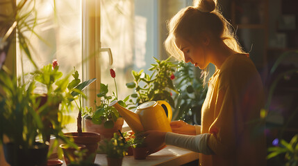 Jovem mulher cuidando de plantas em um parapeito ensolarado com luz natural suave ao fundo - obrazy, fototapety, plakaty