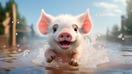 Gardinen A Cartoon Piglet in a Cute Farming Scene.Small Piggy © EwaStudio