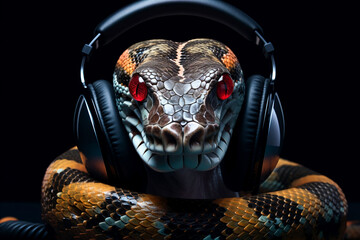 Snake with headphones. Snake listening to music
