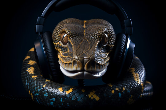 Snake with headphones. Snake listening to music