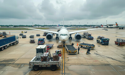Fototapeta na wymiar Airport. Ground support vehicles surrounding an airplane. Baggage carts, fuel trucks and maintenance vehicles