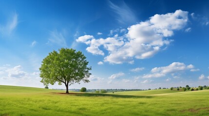 Tree on the green field with blue sky and white clouds background.