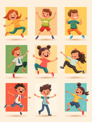 Enfants joyeux, chacun affichant un mouvement ou une pose pleine d'énergie et d'enthousiasme.