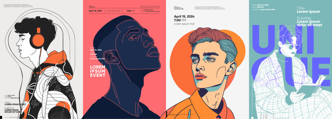 Male profiles with modern styling, complemented by striking fonts and a vivid color palette, ideal for fashion-related events, promotional sales, and stylish cover designs.