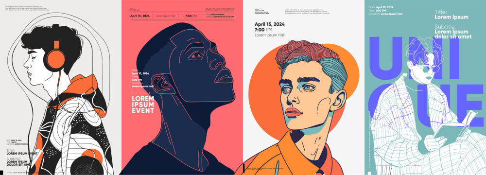Male profiles with modern styling, complemented by striking fonts and a vivid color palette, ideal for fashion-related events, promotional sales, and stylish cover designs.