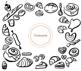 Isoplated vector set of croissants. Bakery. Hand drawn template with pastries sketch. Fresh bakery. Shop. Pastry. 