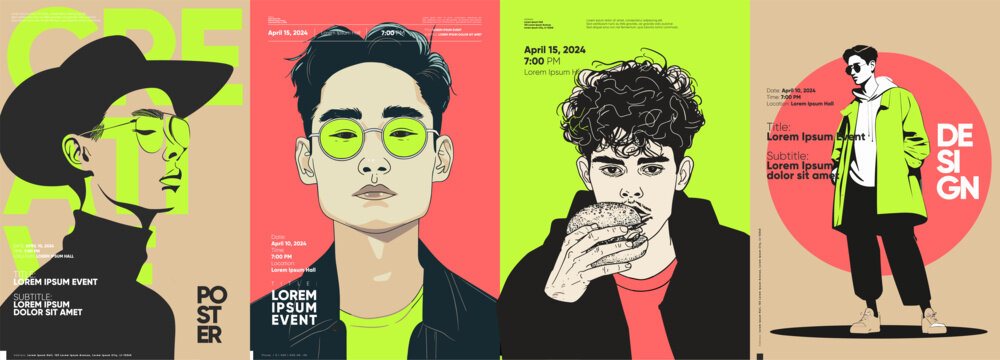  typographic poster designs, each featuring a stylized profile or frontal view of a male subject with a distinct fashion sense. Perfect for modern sale promotions, cover designs, and event banner.