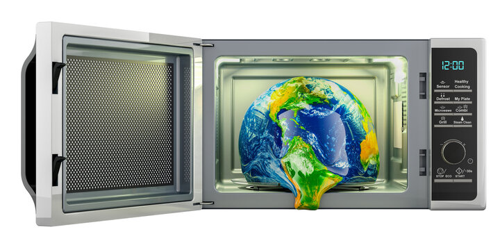 Global warming and climate change, concept. Earth Globe melting in microwave oven. 3D rendering isolated on transparent background