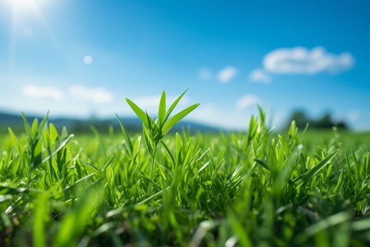 Young green grass growing in soil, closeup. Spring nature background