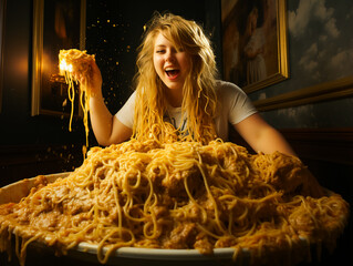 Eating Without Bounds. Woman Enjoying Spaghetti in Spite of Obesity - obrazy, fototapety, plakaty