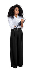Black confident businesswoman take note in notebook in hands, full length isolated over white background. Concept of schedule and planning