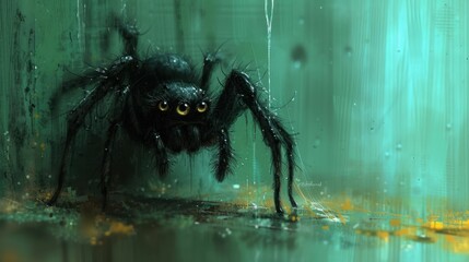 Spider on the Wall, Black Spider in Rain, Wet Spiders on Green Background, Dripping Spider on Yellow Ground.