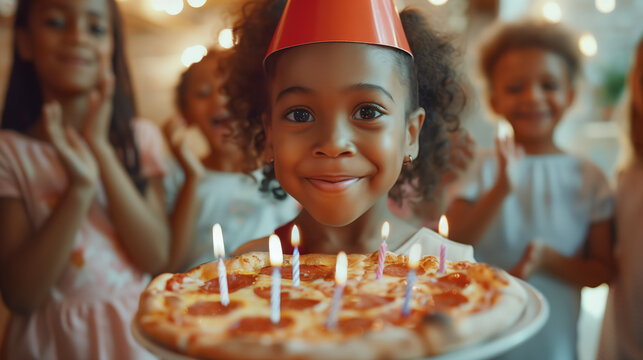 A closeup photo of a smiling child holding a plate with pizza with birthday candles, guests clapping on background, African-American girl smiling looking at camera wearing a party hat, birthday party