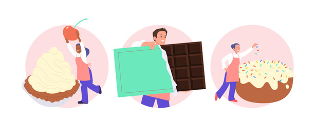 Male and female pastry chef tiny cartoon character with large sweet food isolated composition set