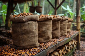 Sacks filled with cocoa beans on display, showcasing the raw ingredient of chocolate.