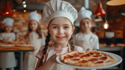 Little girl wearing a chef uniform holding a plate with Italian pizza smiling looking at camera,...