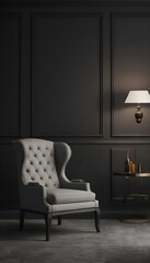 Modern interior design with upholstered furniture set against a traditional dark wall for the home or business.