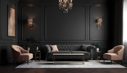 Modern interior design with upholstered furniture set against a traditional dark wall for the home or business.