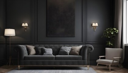 Modern interior design with upholstered furniture set against a traditional dark wall for the home or business.