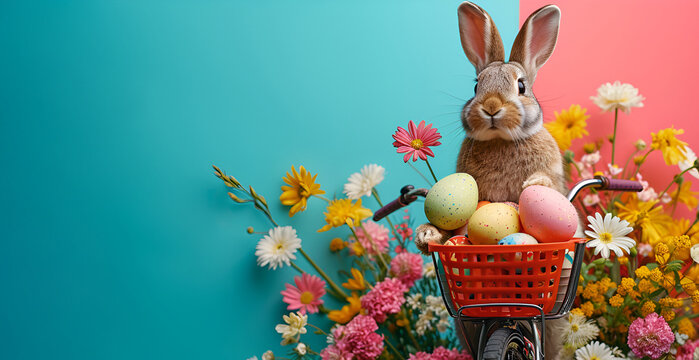 Easter bunny on a bicycle with eggs in a basket, amidst flowers, on a pink and blue background