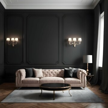 Modern interior design with upholstered furniture set against a traditional dark wall for the home or business.