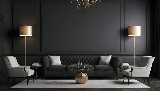 Modern interior design with upholstered furniture set against a traditional dark wall for the home or business.