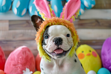 Adorable French Bulldog Wearing Bunny Ears Surrounded by Colorful Easter Eggs