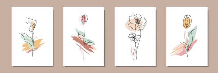 Calla flower, rose bud, poppies or anemones, tulip - set of one line abstract drawing and color spots isolated on white background. Vector minimalist hand drawn sketch collection.