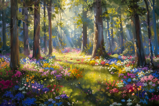 Enchanted Forest Glade with Sunbeams and Wildflowers in a Luminous Oil Painting