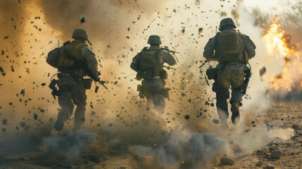 Soldiers in action, a dynamic explosion captures the intensity of a battlefield - obrazy, fototapety, plakaty