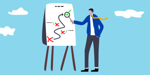Business strategy planning, marketing tactics or winning strategy to achieve target, solution to success concept, smart businessman presenting business strategy on whiteboard