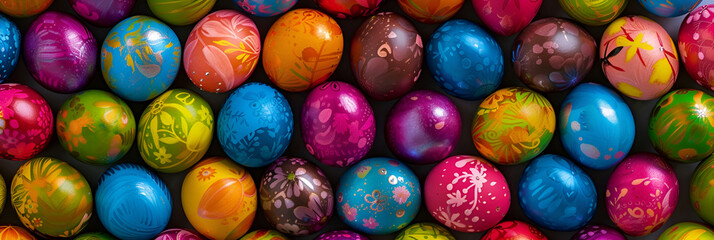 Fototapeta na wymiar A festive background features an array of colorful Easter eggs