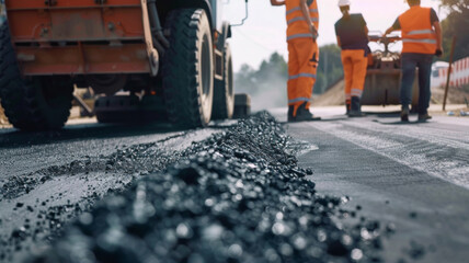 Fresh asphalt unfurls under the steady march of progress, workers and machines in unison