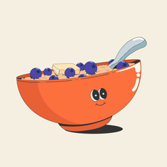 A bowl of oatmeal porridge with blueberries in a retro style of the 60s-70s, isolated on a white background. Vector illustration, eps10.