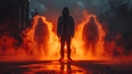  a man standing in front of a fire with orange smoke coming out of the back of his jacket and his hands in his pockets, in front of the fire.
