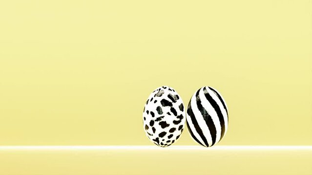 3d animation of six Easter eggs with animal skin pattern rolling over on yellow background