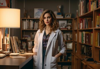 A portrait captures the beauty and professionalism of a female doctor in her home office, exuding care, compassion, and expertise as she provides healthcare services to her patients with dedication