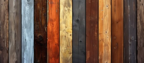 A detailed view of a wooden fence featuring a variety of colors and textures. Each board showcases different hues, creating a vibrant and eye-catching display.