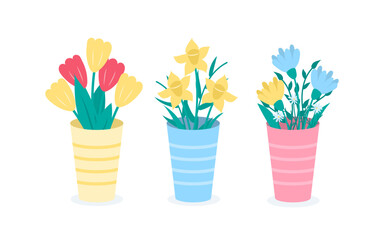 Spring bouquets of flowers in vase hand drawn flat illustration set