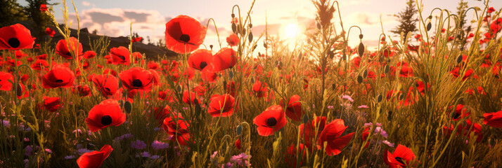 Banner with poppies blooming on a wild field. spring summer meadow