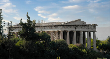 Fototapeta na wymiar The Temple of Hephaestus, (Theseion), is a Doric peripteral temple in the ancient Agora of Athens, Greece, atop the Agoraios Kolonos hill, it is one of the best preserved ancient Greek temples