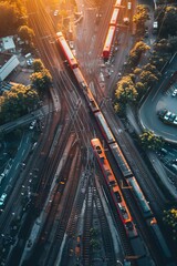 A busy train intersection with multiple tracks converging - obrazy, fototapety, plakaty